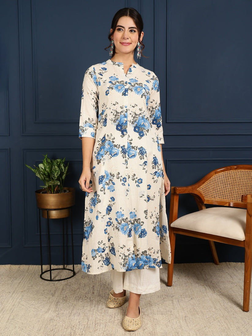 Blue Floral Printed Cotton flex Princess Cut A-Line Kurti Top ( Top Only)