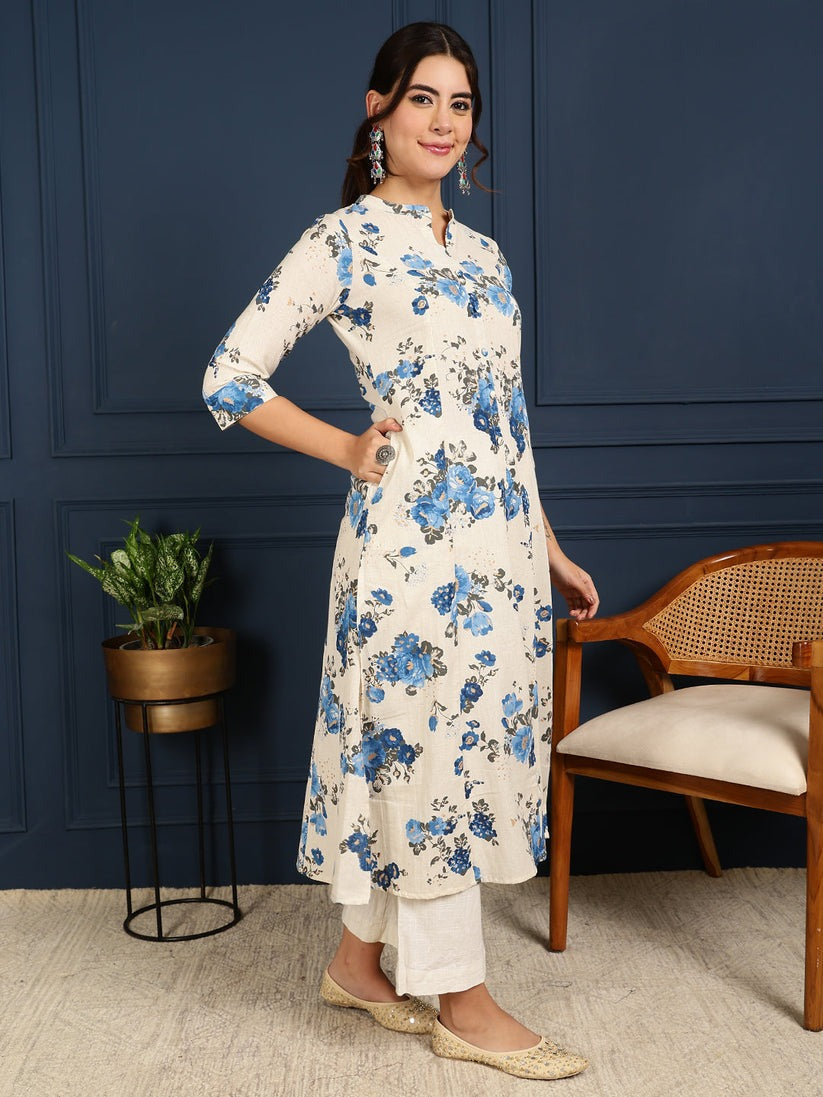 Blue Floral Printed Cotton flex Princess Cut A-Line Kurti Top ( Top Only)