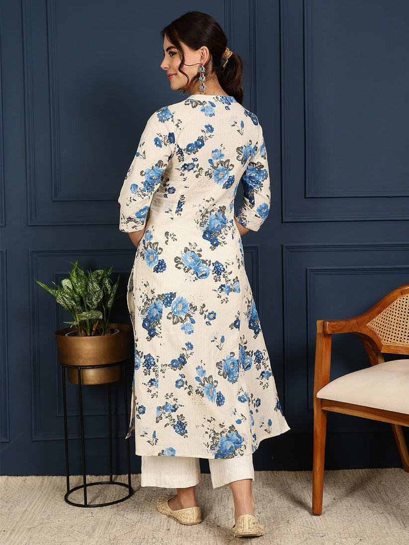 Blue Floral Printed Cotton flex Princess Cut A-Line Kurti Top ( Top Only)