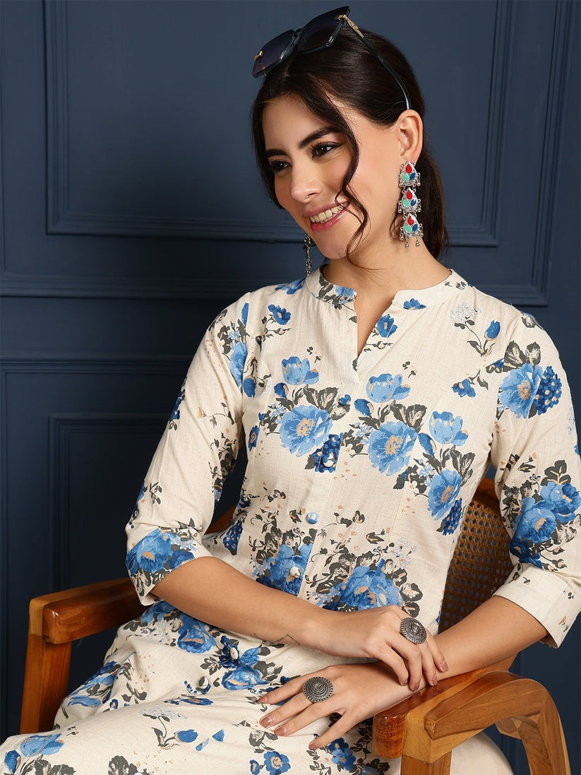 Blue Floral Printed Cotton flex Princess Cut A-Line Kurti Top ( Top Only)