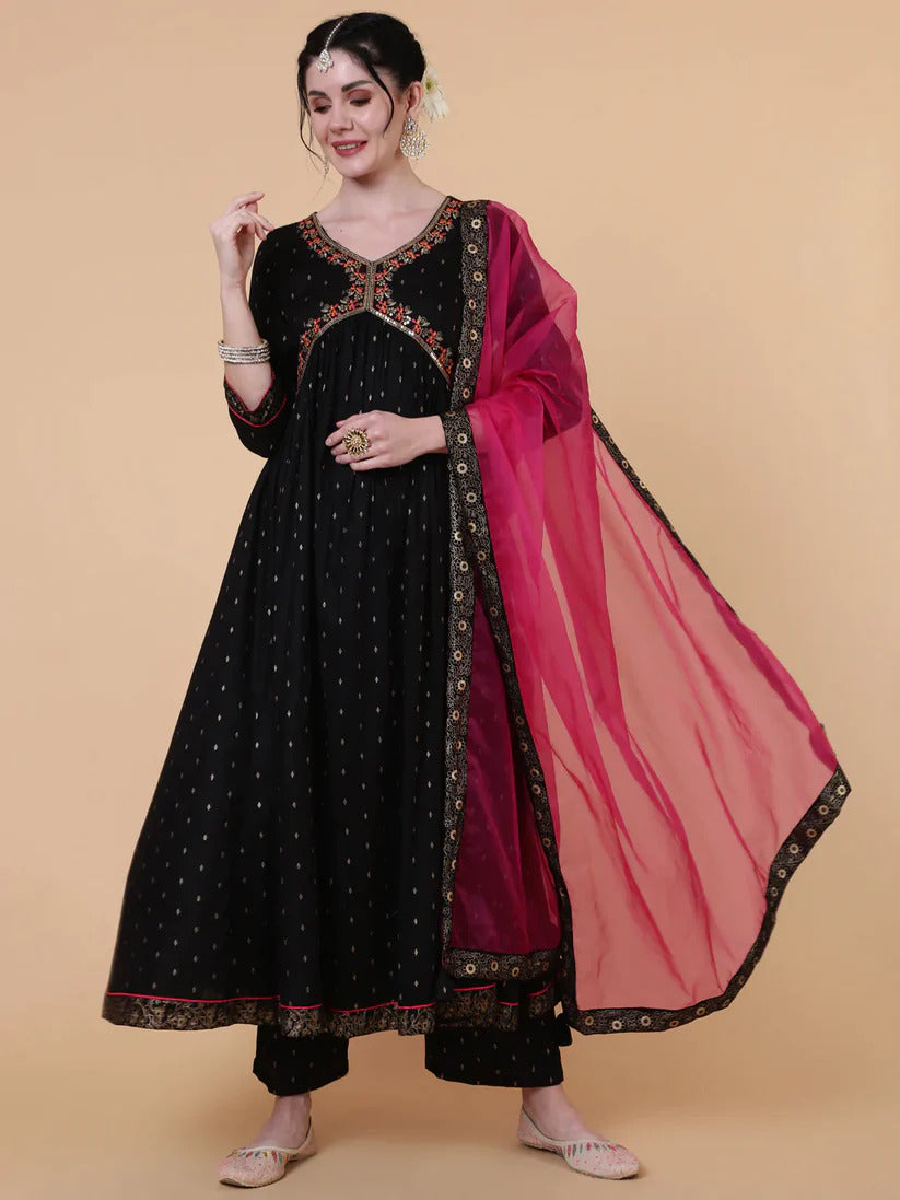 Black Embroidered Rayon Aliya cut Kurti Palazzo Dupatta Set
