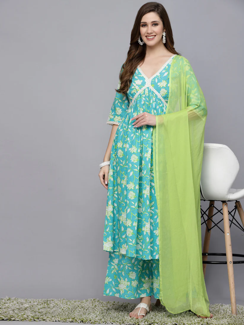 Floral Printed Cotton Aliya Cut kurti Palazzo with dupatta
