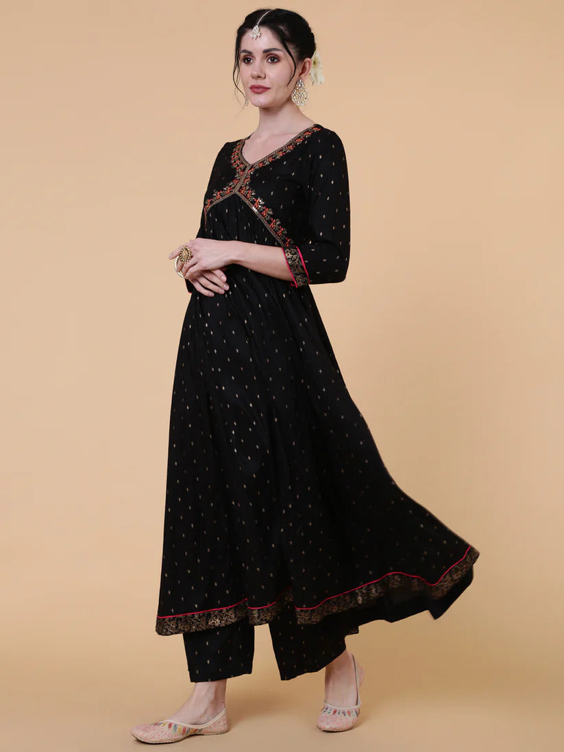 Black Embroidered Rayon Aliya cut Kurti Palazzo Dupatta Set