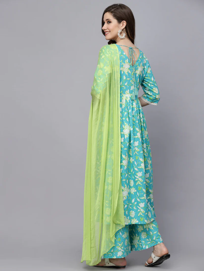 Floral Printed Cotton Aliya Cut kurti Palazzo with dupatta