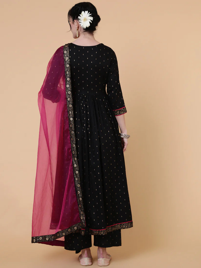 Black Embroidered Rayon Aliya cut Kurti Palazzo Dupatta Set