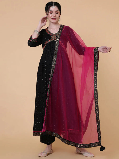 Black Embroidered Rayon Aliya cut Kurti Palazzo Dupatta Set