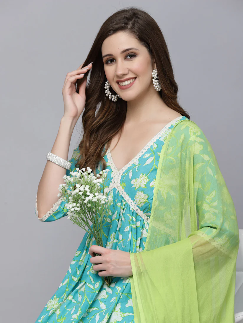 Floral Printed Cotton Aliya Cut kurti Palazzo with dupatta