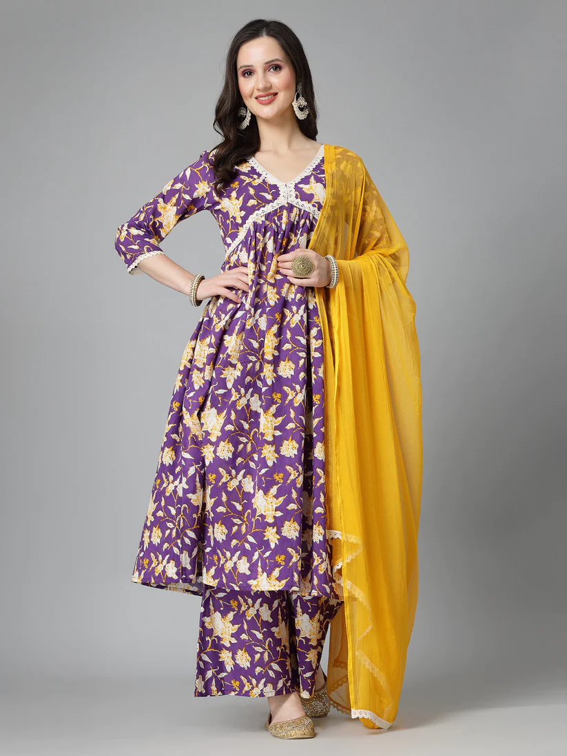 Floral Printed Cotton Aliya Cut kurti Palazzo with dupatta