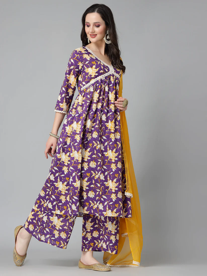 Floral Printed Cotton Aliya Cut kurti Palazzo with dupatta