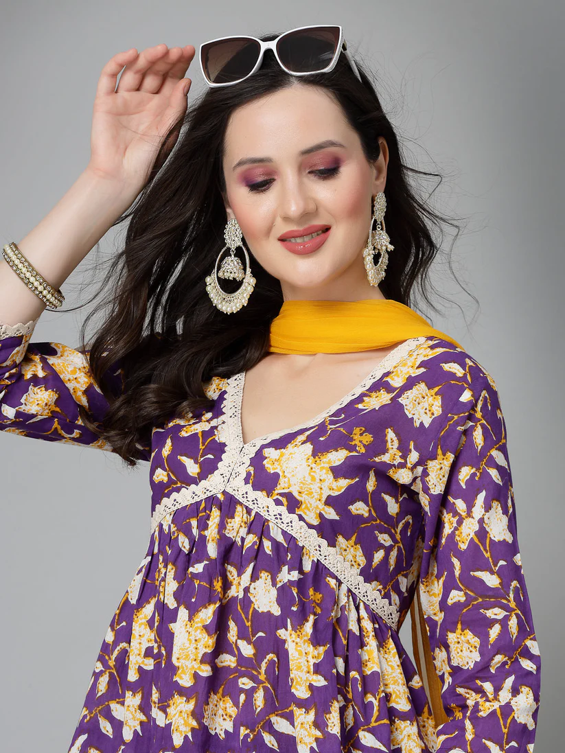 Floral Printed Cotton Aliya Cut kurti Palazzo with dupatta