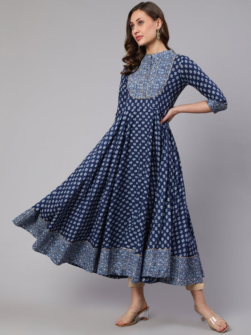 Navy blue printed cotton ankle length anarkali kurti top ( Top Only)