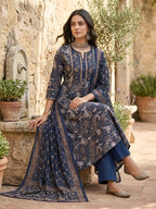 Navy Blue Printed Pure Cotton Anarkali Kurti Set
