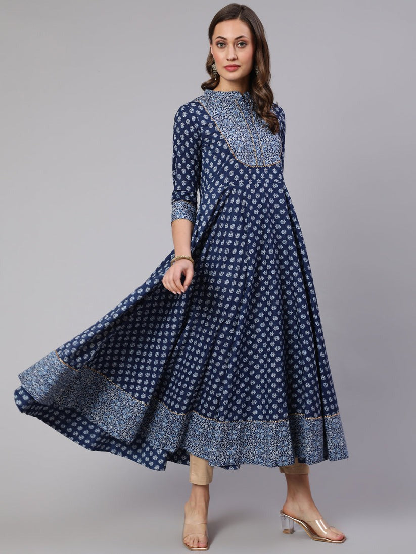 Navy blue printed cotton ankle length anarkali kurti top ( Top Only)