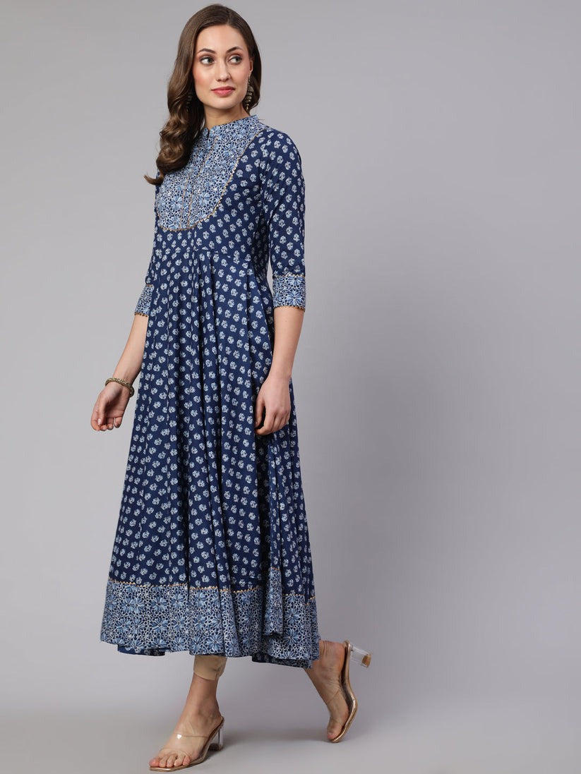 Navy blue printed cotton ankle length anarkali kurti top ( Top Only)