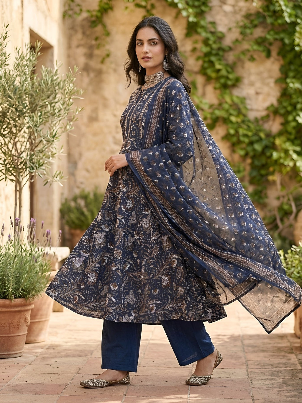 Navy Blue Printed Pure Cotton Anarkali Kurti Set