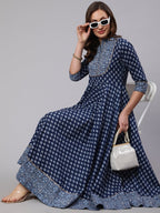 Navy blue printed cotton ankle length anarkali kurti top ( Top Only)