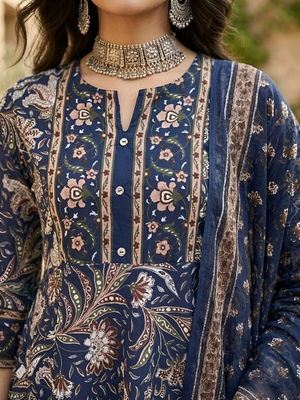 Navy Blue Printed Pure Cotton Anarkali Kurti Set