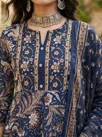Navy Blue Printed Pure Cotton Anarkali Kurti Set
