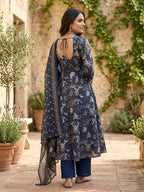 Navy Blue Printed Pure Cotton Anarkali Kurti Set