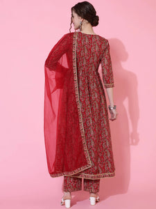 Red Printed Cotton Aliya Cut kurti Palazzo with dupatta