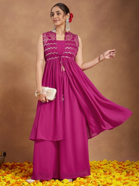 Women Pink Georgette Sequinned Front-slit Kurta With Crop Top & Palazzo Set