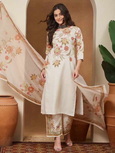 Off white floral Printed cotton blend Kurti Set
