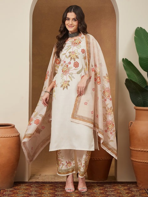 Off white floral Printed cotton blend Kurti Set