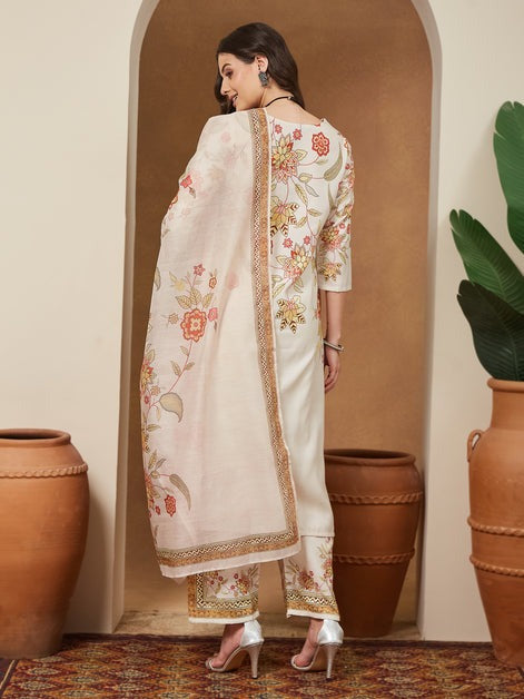 Off white floral Printed cotton blend Kurti Set