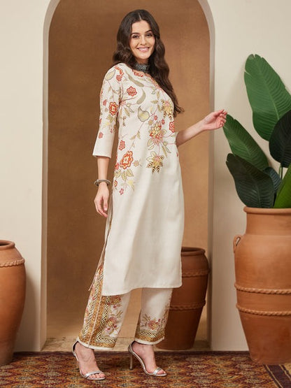 Off white floral Printed cotton blend Kurti Set