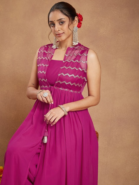 Women Pink Georgette Sequinned Front-slit Kurta With Crop Top & Palazzo Set