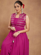 Women Pink Georgette Sequinned Front-slit Kurta With Crop Top & Palazzo Set