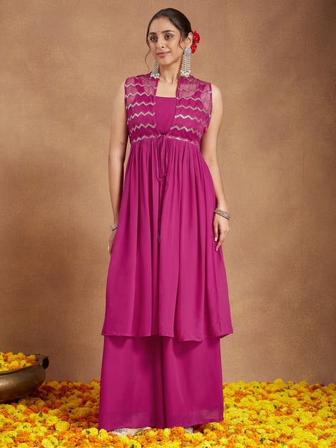 Women Pink Georgette Sequinned Front-slit Kurta With Crop Top & Palazzo Set
