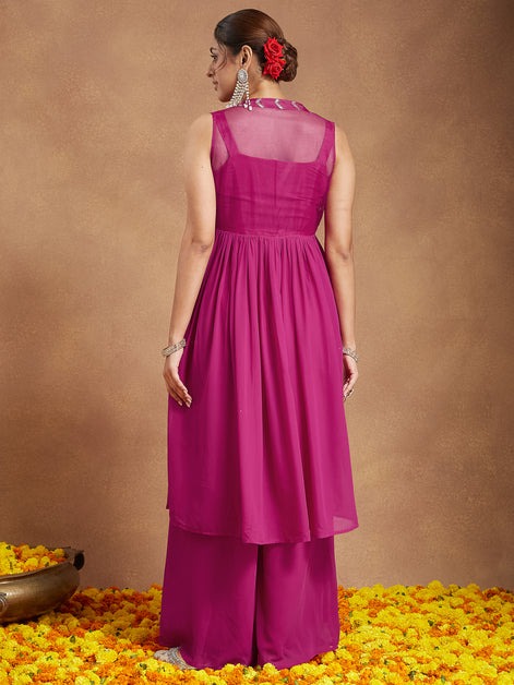 Women Pink Georgette Sequinned Front-slit Kurta With Crop Top & Palazzo Set