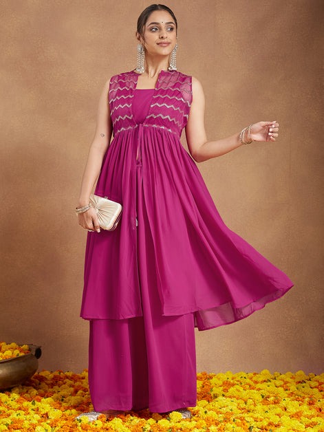Women Pink Georgette Sequinned Front-slit Kurta With Crop Top & Palazzo Set