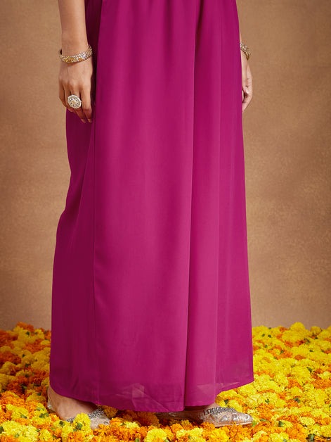 Women Pink Georgette Sequinned Front-slit Kurta With Crop Top & Palazzo Set