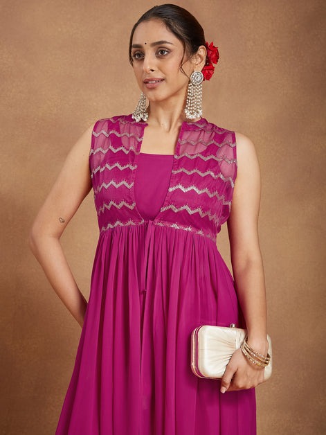 Women Pink Georgette Sequinned Front-slit Kurta With Crop Top & Palazzo Set