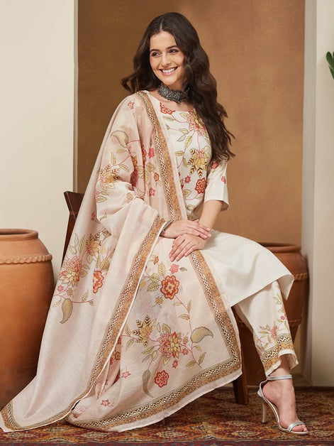 Off white floral Printed cotton blend Kurti Set
