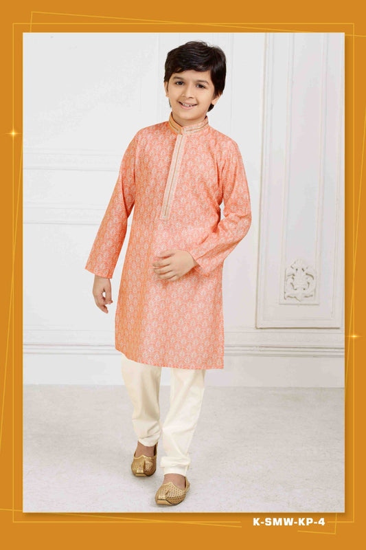 Peach Cotton Kurta Pajama Set For Boys