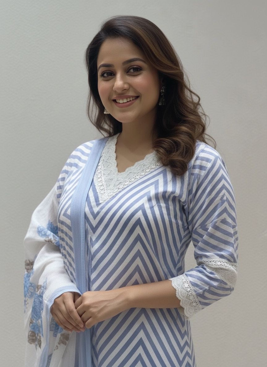 Pure Cotton Printed Lace Embroidered  Kurti Set