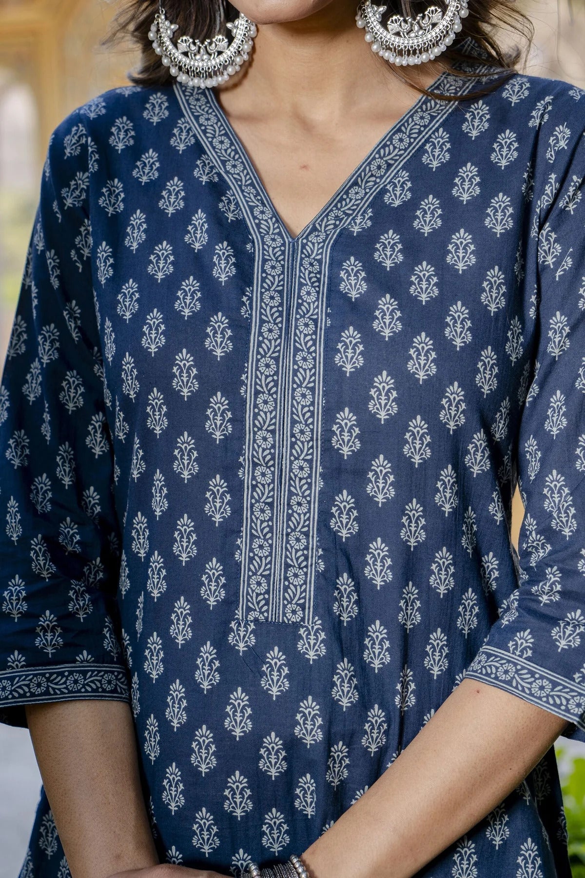 Ethnic Motif Printed Cotton Kurti Top (Top Only)