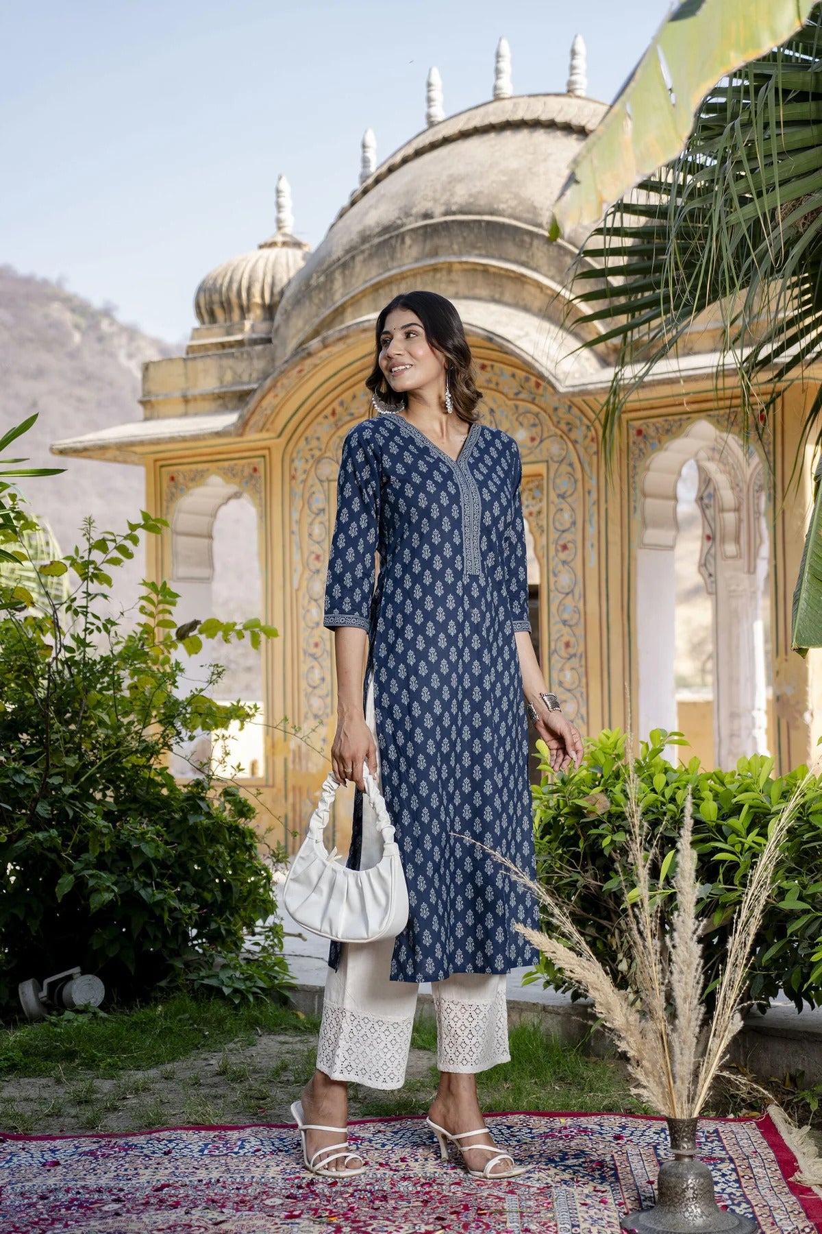 Ethnic Motif Printed Cotton Kurti Top (Top Only)