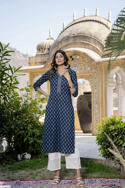 Ethnic Motif Printed Cotton Kurti Top (Top Only)