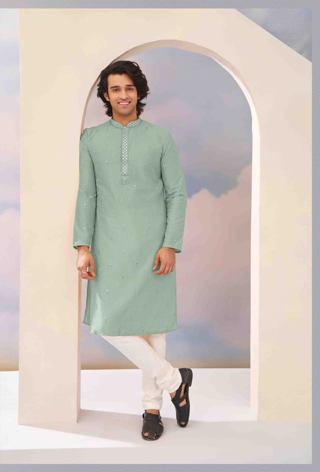 Cotton Silk  Men's Kurta  Set With Embroidery & Mirror work