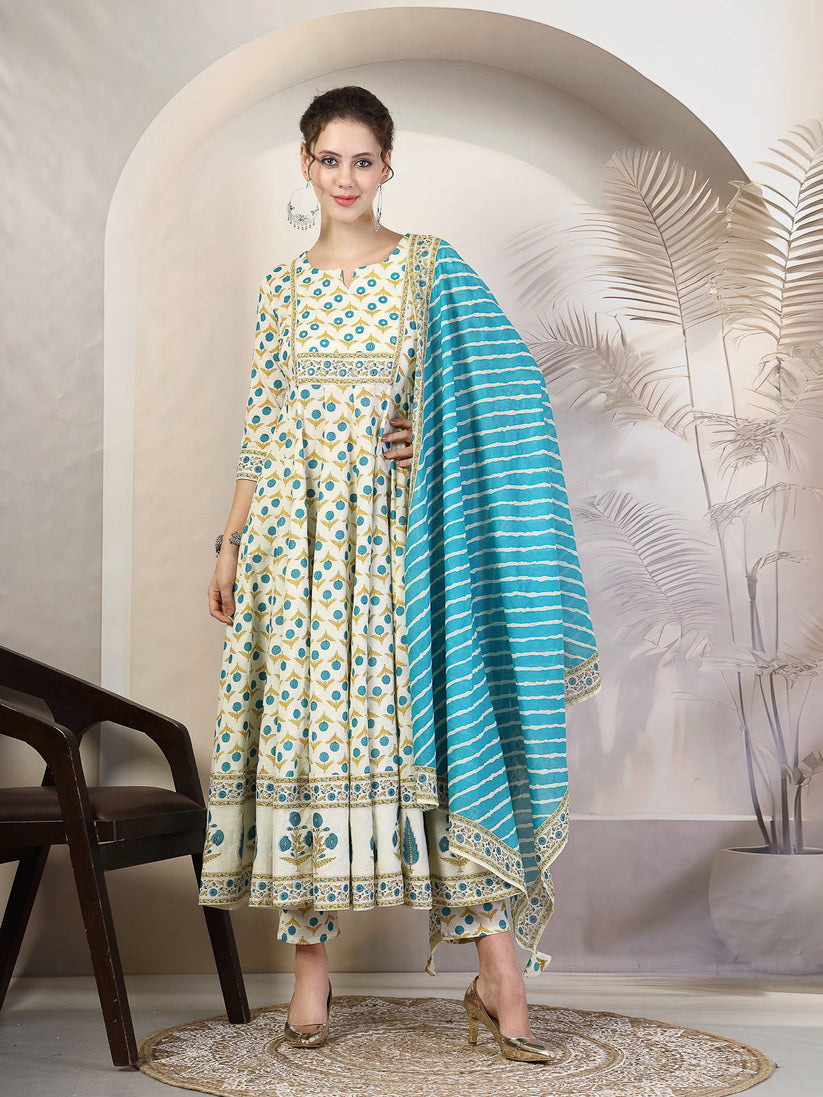 Cotton Printed Flared kurti palazzo with Dupatta