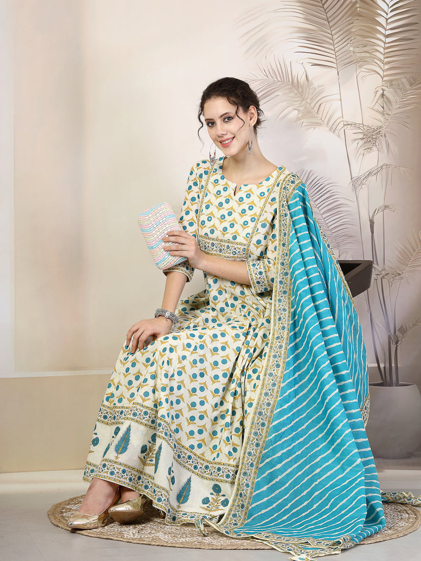 Cotton Printed Flared kurti palazzo with Dupatta