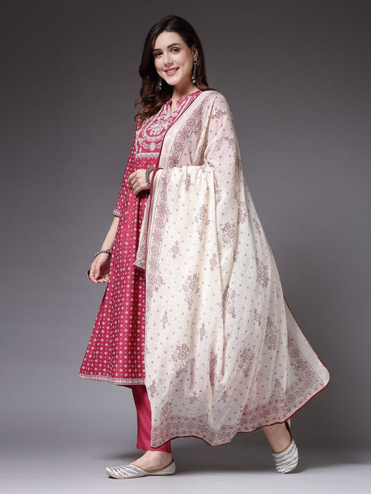 White & Magenta Block Printed RayonAnarkali kurti  Pants with dupatta