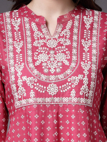 White & Magenta Block Printed RayonAnarkali kurti  Pants with dupatta