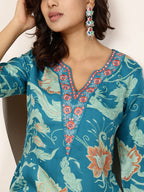 Blue Printed Embroidered Rayon Kurti Top ( Top Only)