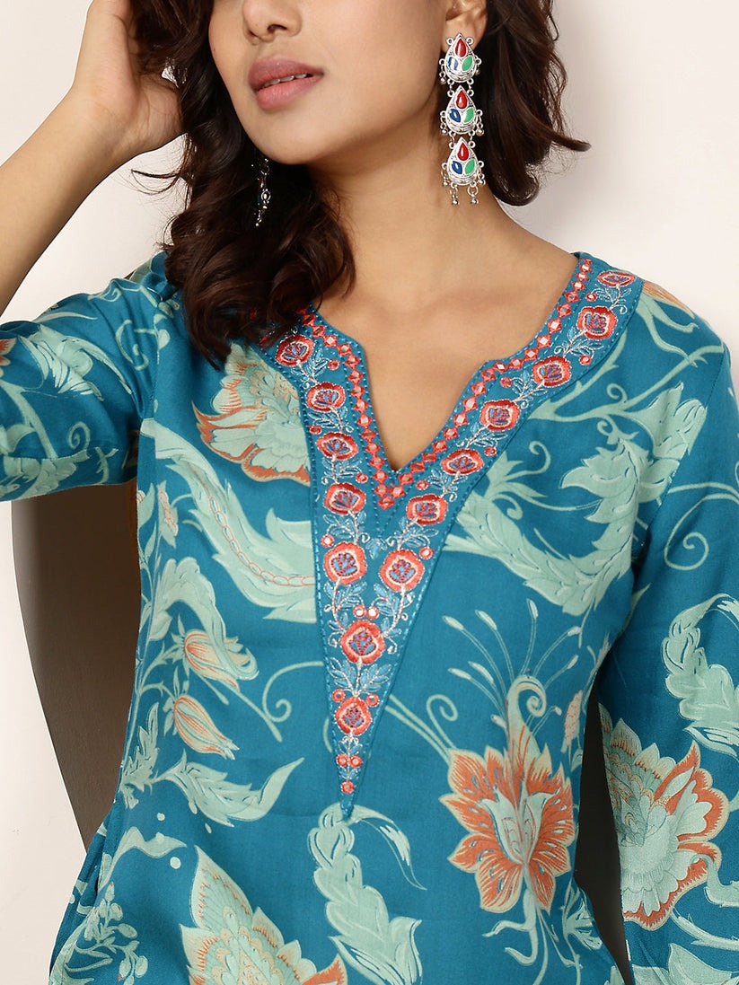 Blue Printed Embroidered Rayon Kurti Top ( Top Only)