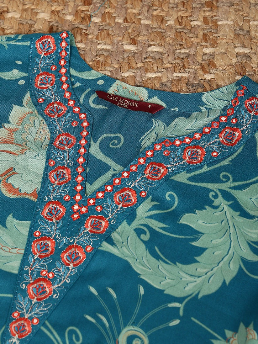 Blue Printed Embroidered Rayon Kurti Top ( Top Only)